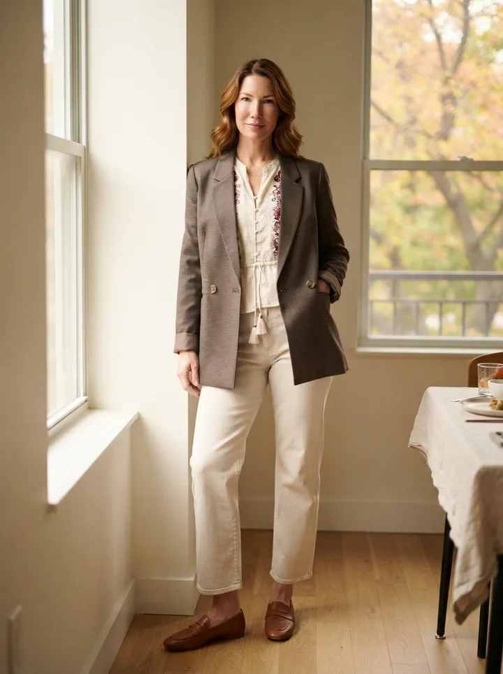 Business casual outfit on a woman in her forties: double breasted houndstooth blazer, cream blouse, cream straight jeans and leather loafers