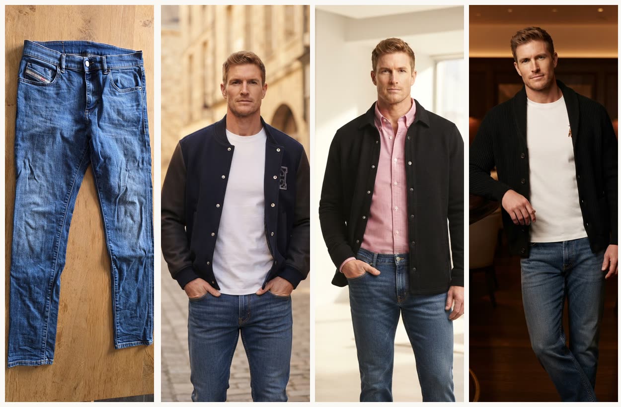 A pair of blue jeans photographed flat, followed by three AI previews of the same jeans with a varsity jacket, a black overshirt and a shawl cardigan