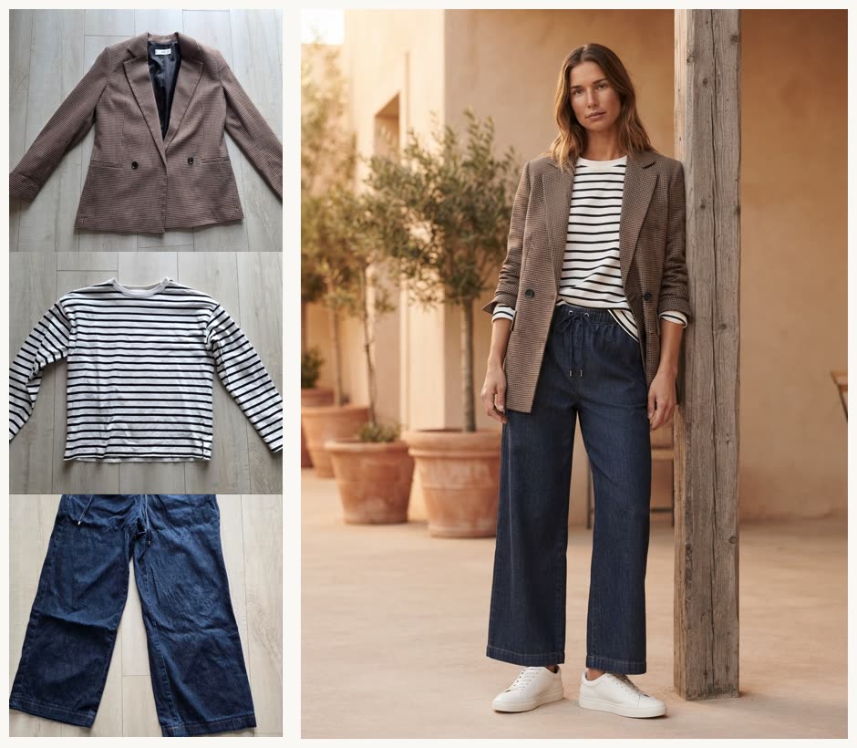 A houndstooth blazer, a Breton striped top and dark wide leg jeans photographed flat, next to an AI preview of the outfit worn on a model with white trainers