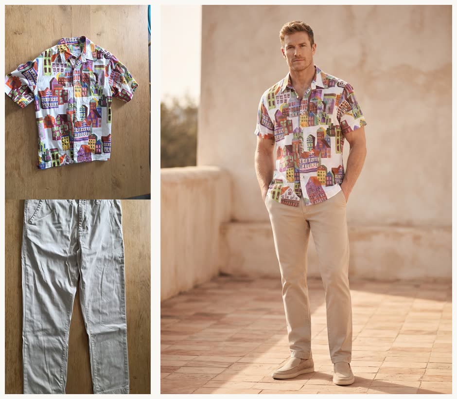 Two phone pictures of real clothes, a printed short-sleeve shirt and beige chinos, and the AI outfit picture generated from them on a model