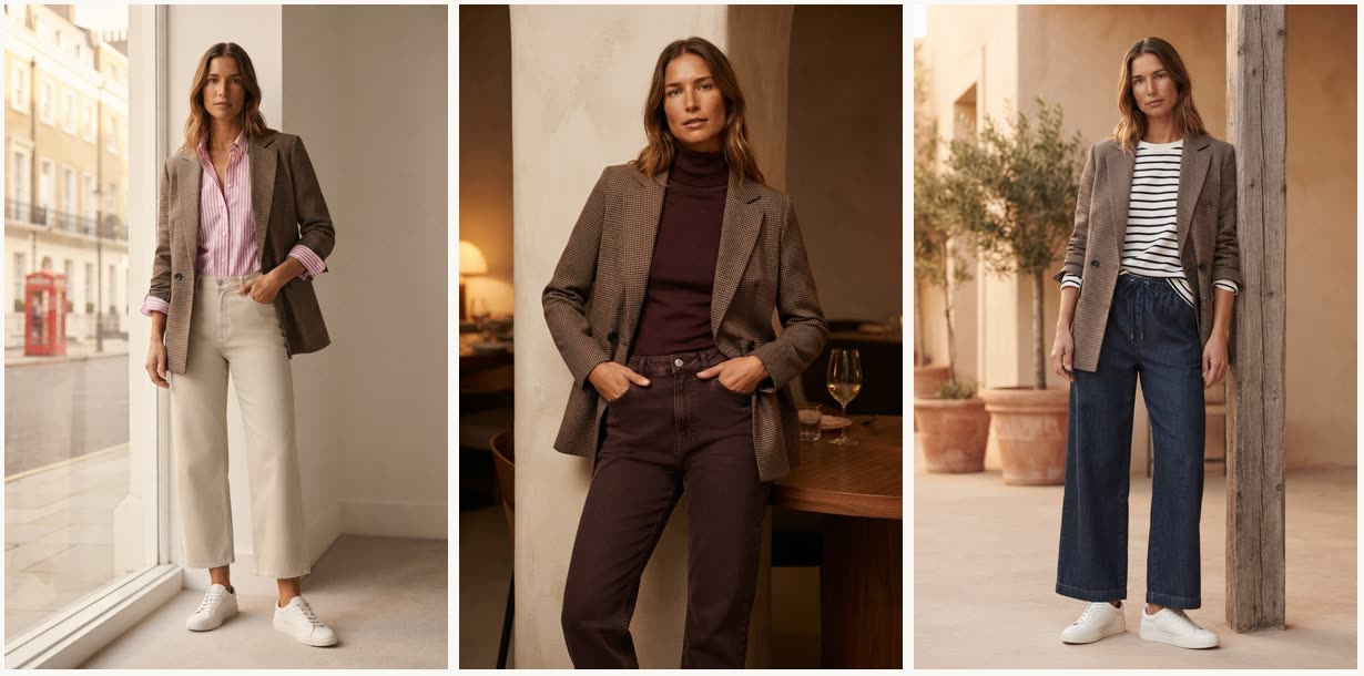 Three AI previews of outfits planned from one wardrobe: an office look, a dinner look and a weekend look, all with the same houndstooth blazer