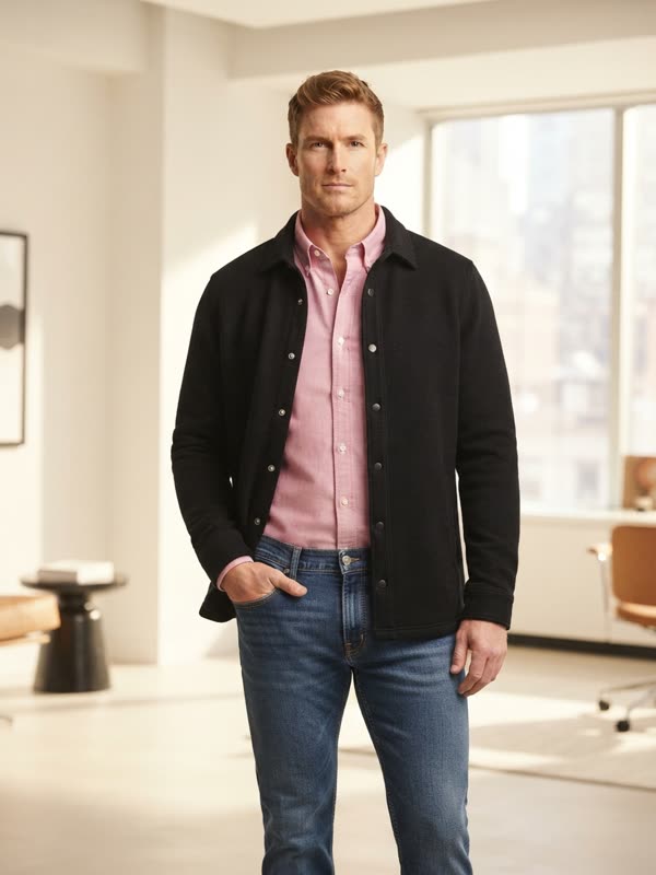 AI preview of an office outfit picked from a real wardrobe: black overshirt over a pink shirt with blue jeans
