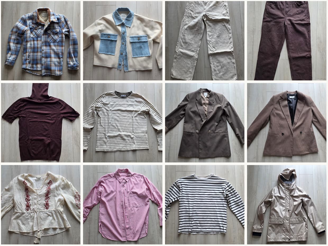 A grid of twelve real pieces from one closet photographed on a wooden floor: shirts, jackets, blazers, knitwear and pants