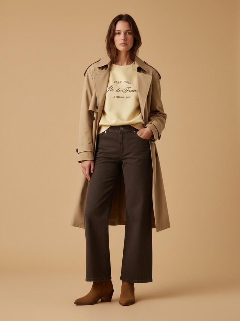 Trench coat over a sweatshirt with wide-leg jeans and ankle boots