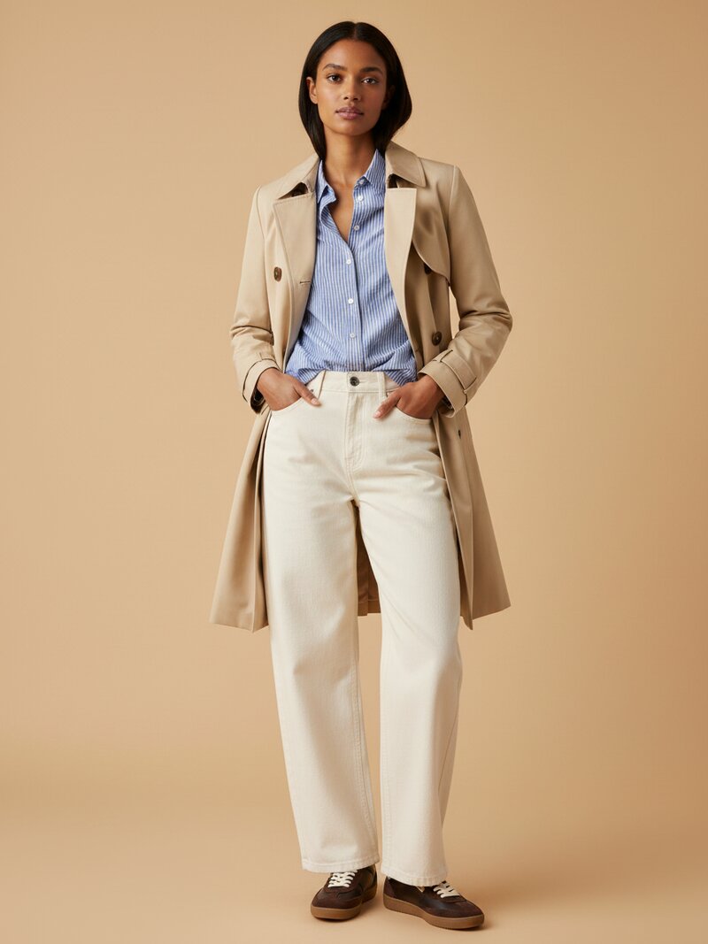 Beige trench over a striped shirt with off-white jeans and brown sneakers