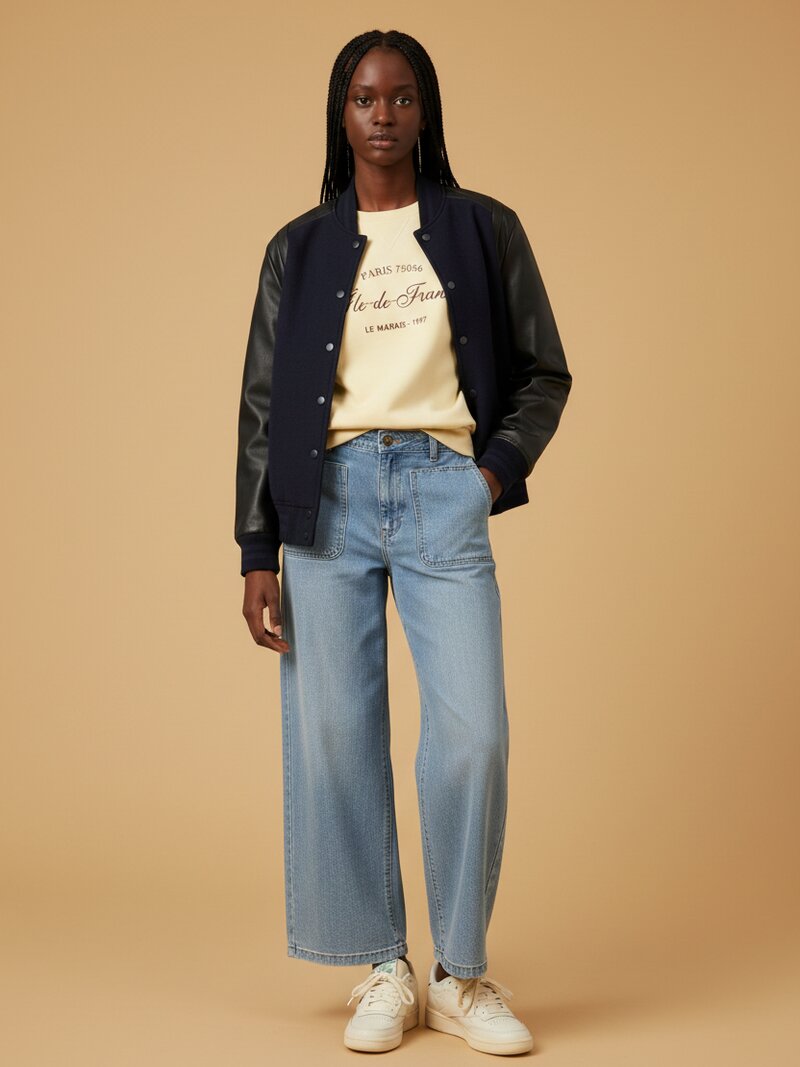 Navy varsity jacket with light-blue jeans, sweatshirt and cream sneakers