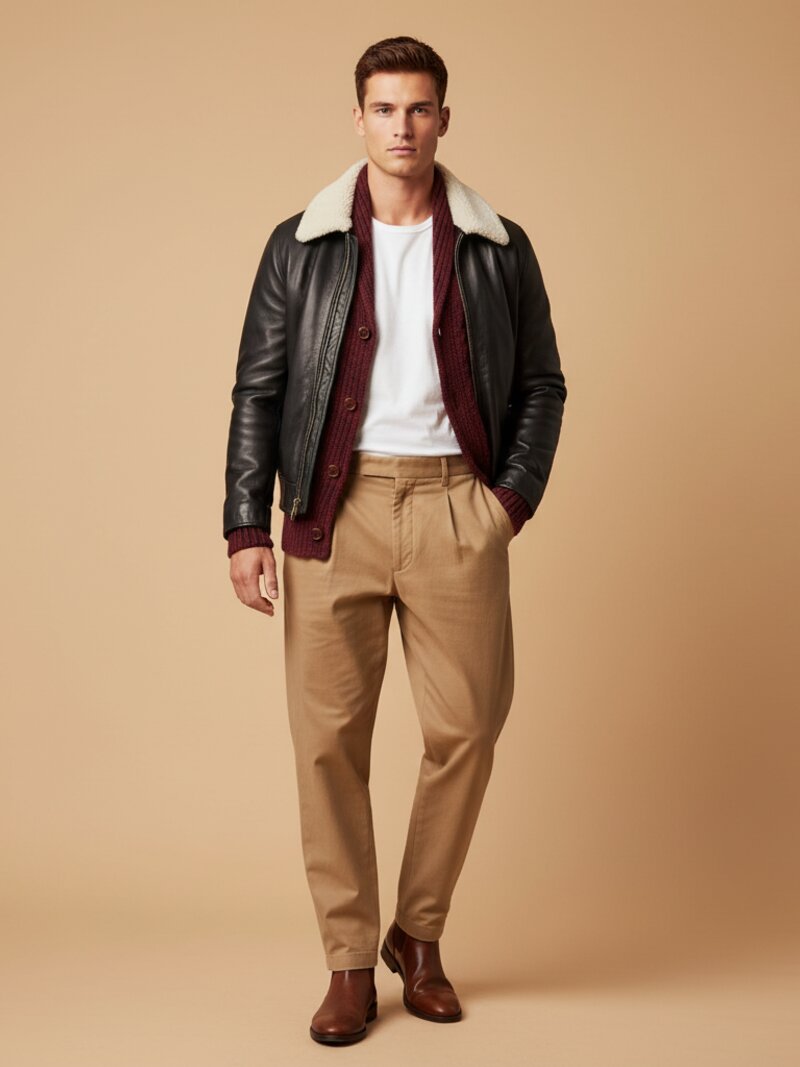 Bomber jacket over a cardigan and t-shirt with tan trousers