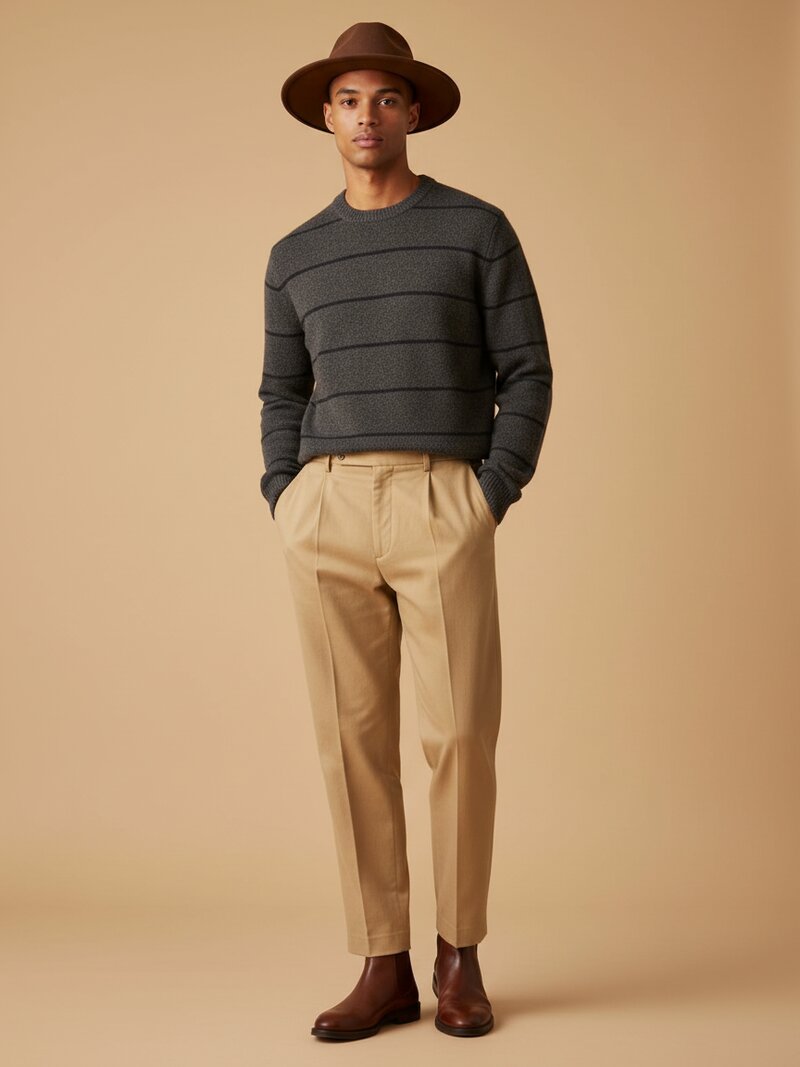 Striped sweater with tan trousers, a brown hat and chelsea boots