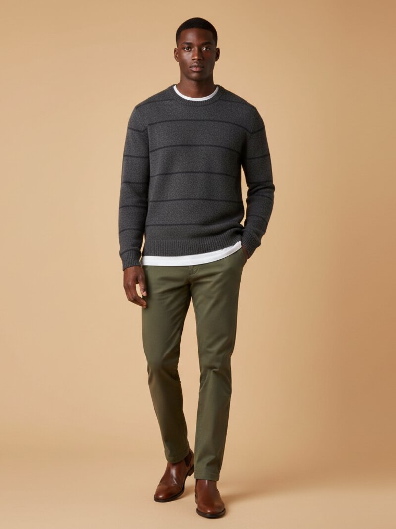Striped sweater with olive chinos and brown chelsea boots